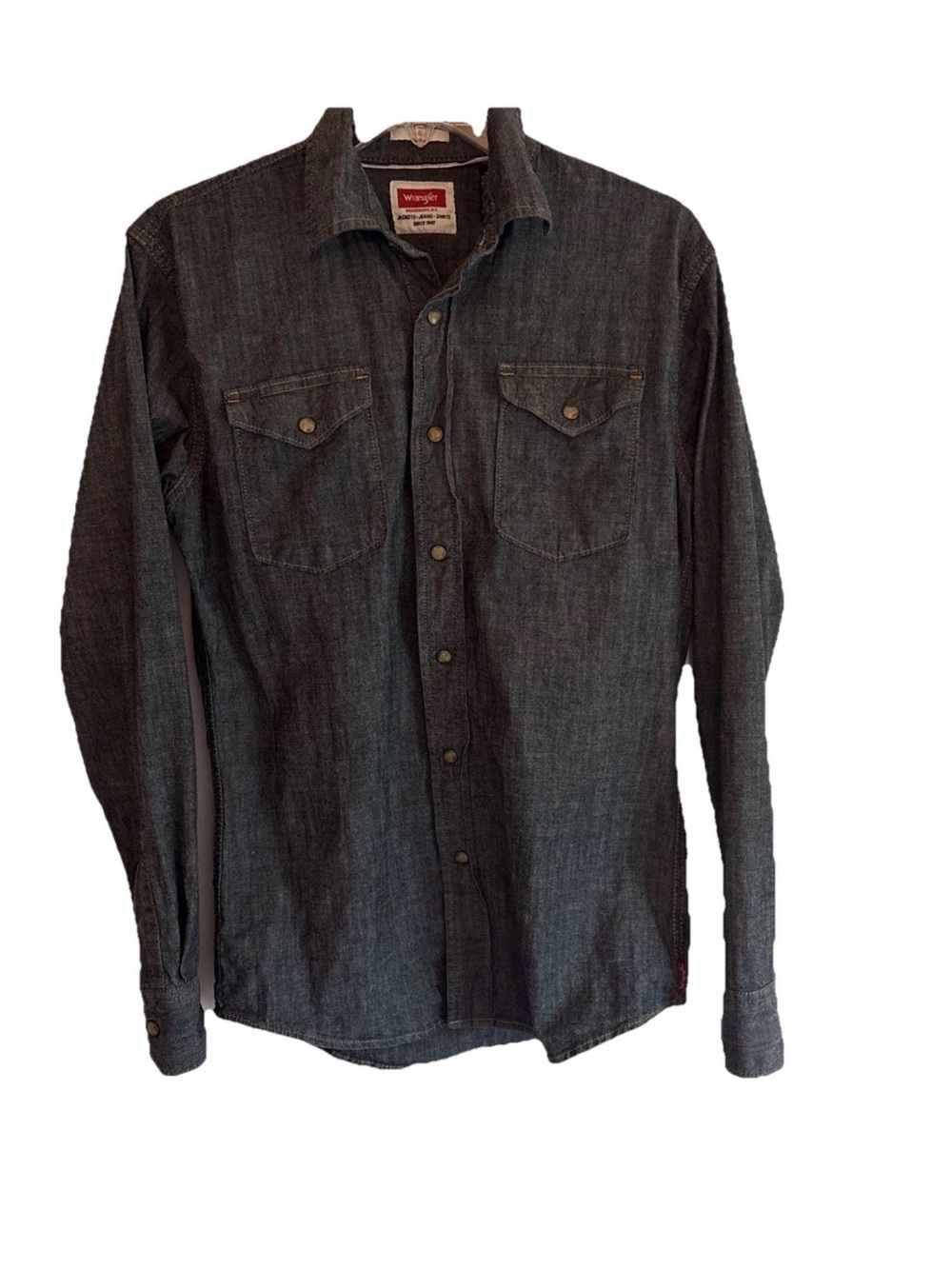 Wrangler Denim Pearl Snap Shirt Size Small Indigo Dark Wash Western Cowboy